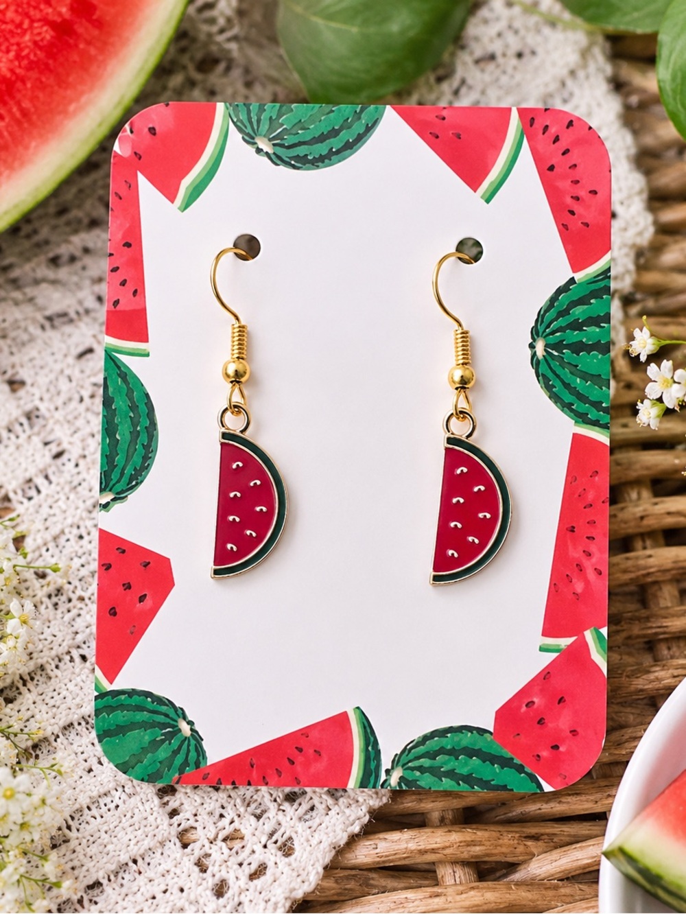 New Handmade Gold-Tone Watermelon  Dangle Earrings (1.5” l x 0.4” w) (Ver 5)